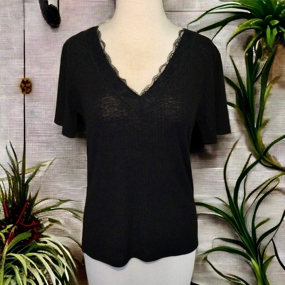 ZARA Black Lace Trimmed Ribbed Knit Short Sleeve Tee Med - Picture 1 of 9